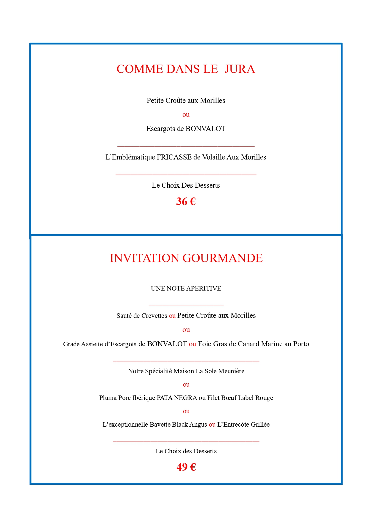 Carte des menus du Restaurant Nord — formules entrée, plat, dessert
